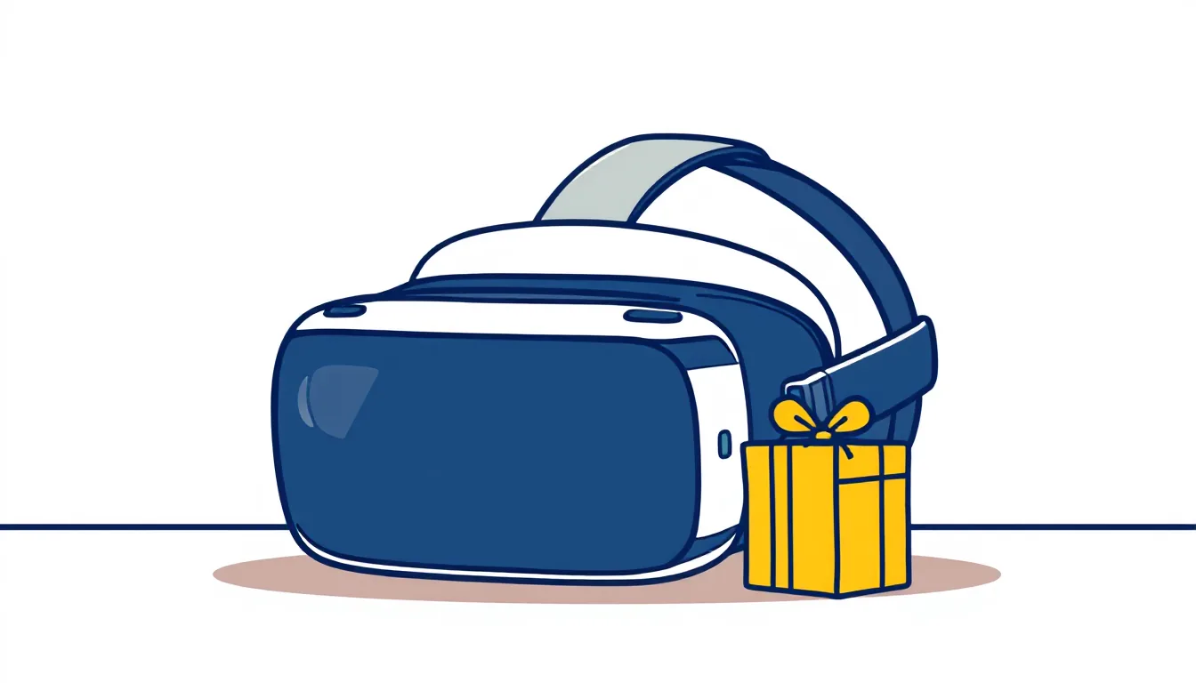 A cartoon VR headset sits next to a small gift box on a table