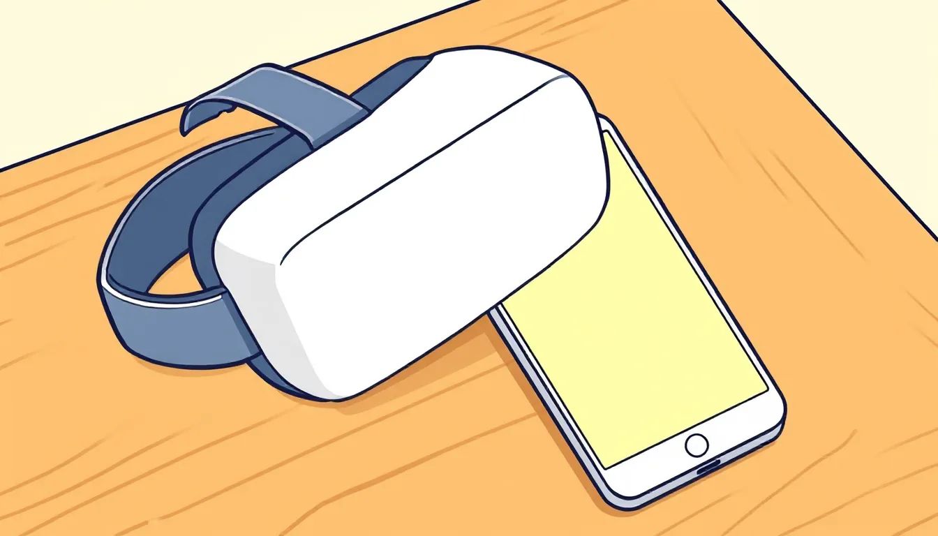A white VR headset lies next to a smartphone with a blank, glowing screen on a table