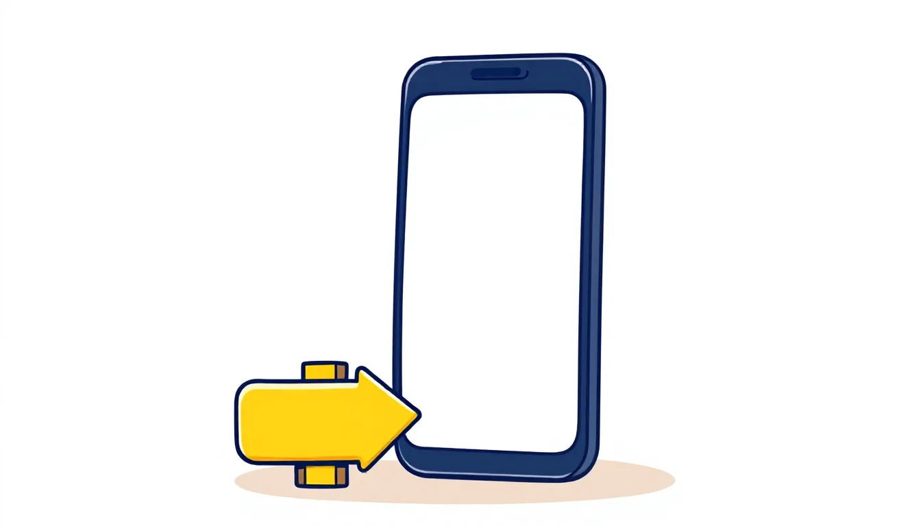 A large smartphone with a blank, glowing screen and a friendly downward arrow beside it