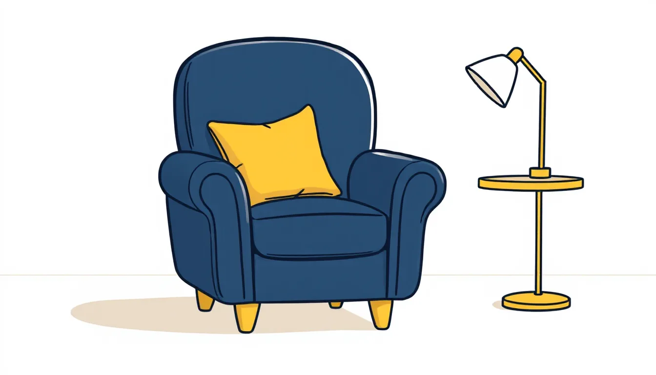 A comfortable armchair with cushions in a quiet room, with a small lamp beside it