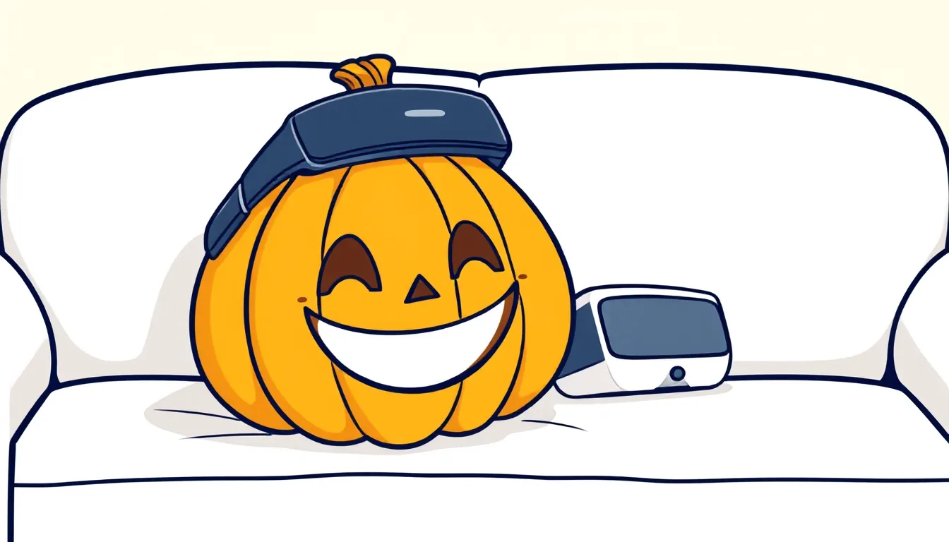 A cartoon pumpkin with a face stands next to a VR headset on a sofa cushion