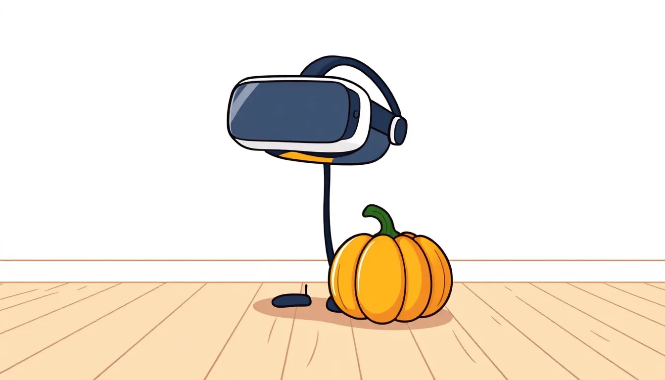 A cartoon VR headset stands on a wooden floor, with a small pumpkin beside it