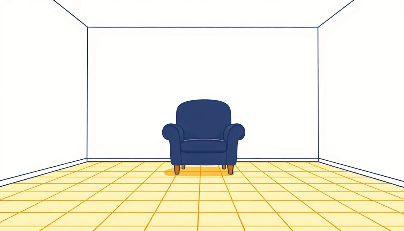 A cartoon living room with an armchair, overlaid with a soft yellow grid