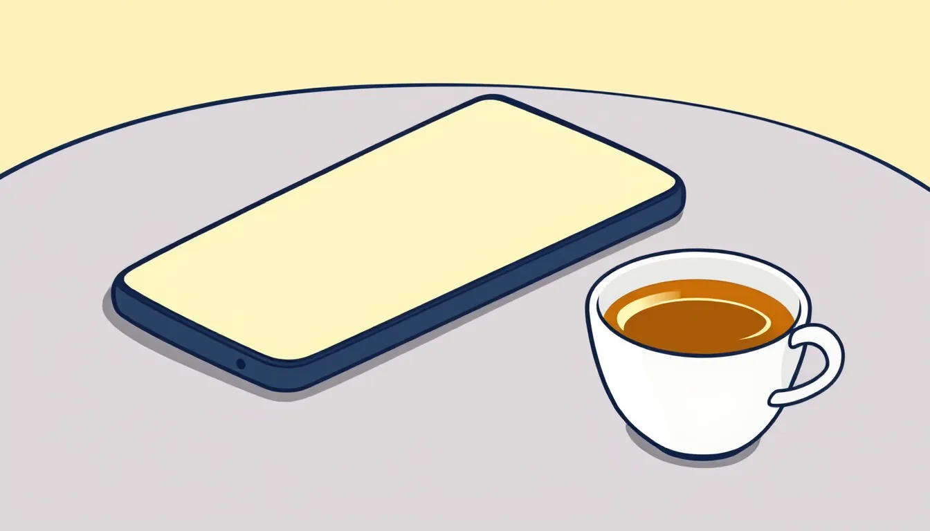 A smartphone with a blank, glowing screen lying on a table next to a cup of tea