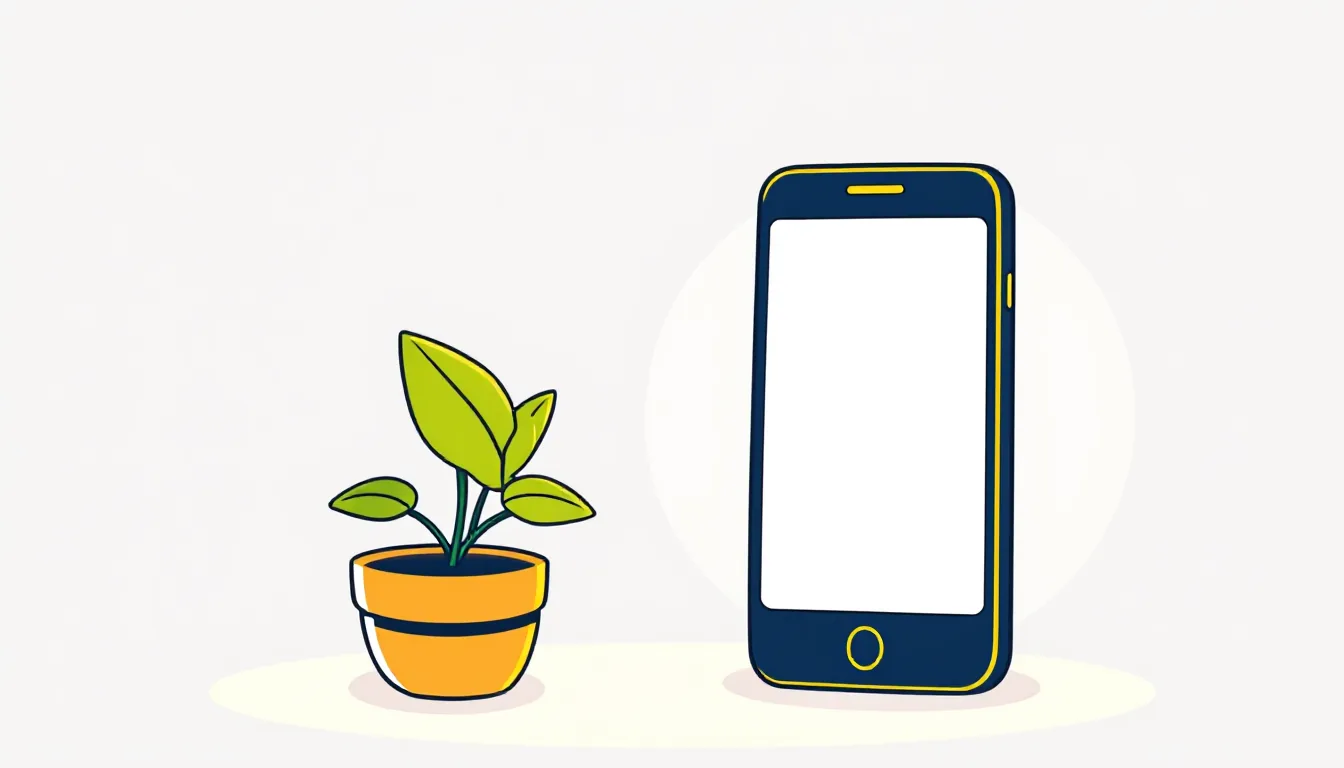 A smartphone with a blank, glowing screen, next to it a small potted plant