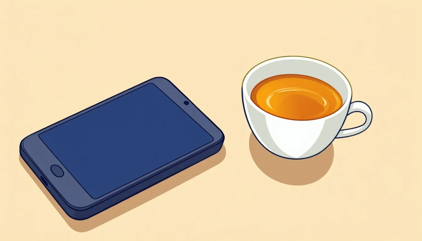 A smartphone with a blank, glowing screen on a wooden table next to a cup of tea