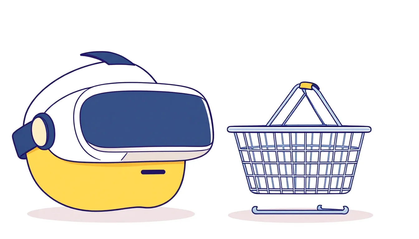 A VR headset next to a small shopping basket