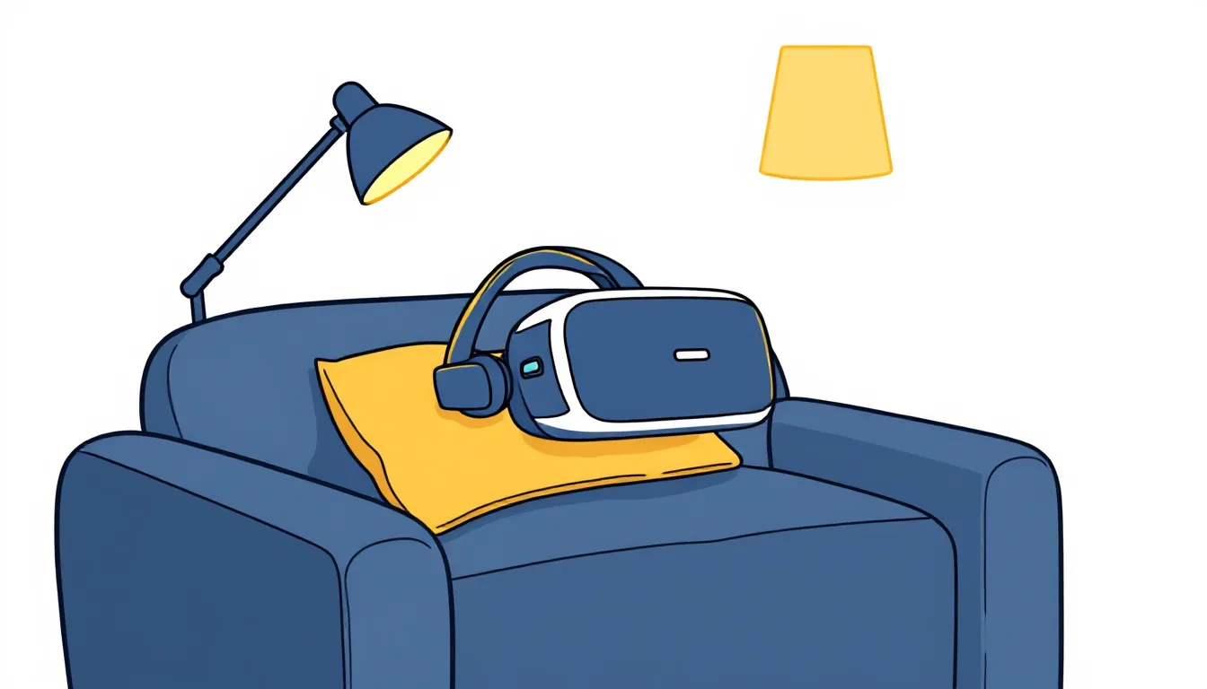 A VR headset resting on a sofa cushion next to a cosy floor lamp in the evening