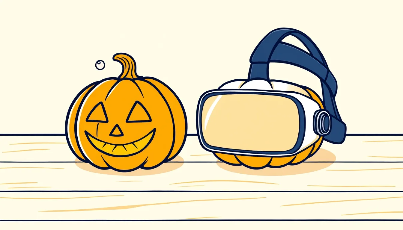 A pumpkin with a lantern next to a VR headset on a wooden table