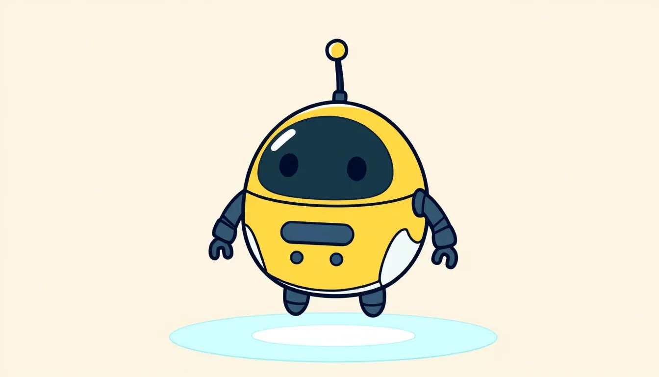 A small, round cartoon robot with an antenna floats cheerfully above a glowing ring on the floor