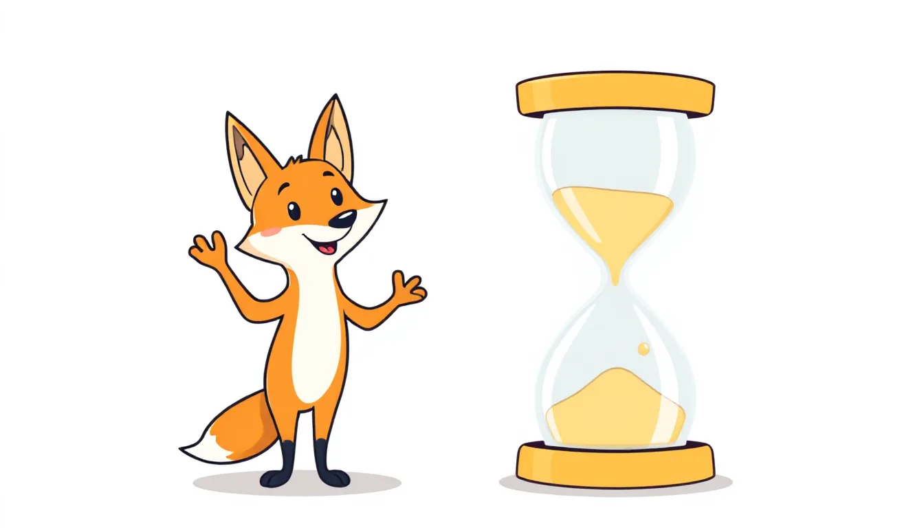 A friendly cartoon fox waving next to a large hourglass