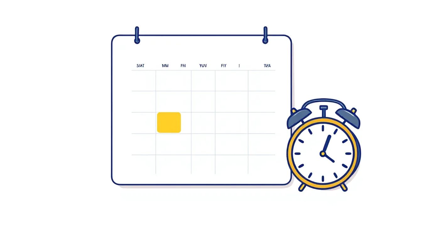 A large wall calendar with one day circled in yellow and an alarm clock beside it