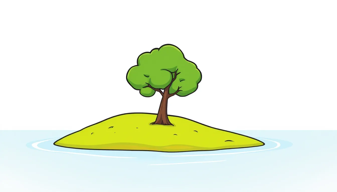A small green island with a tree in calm water