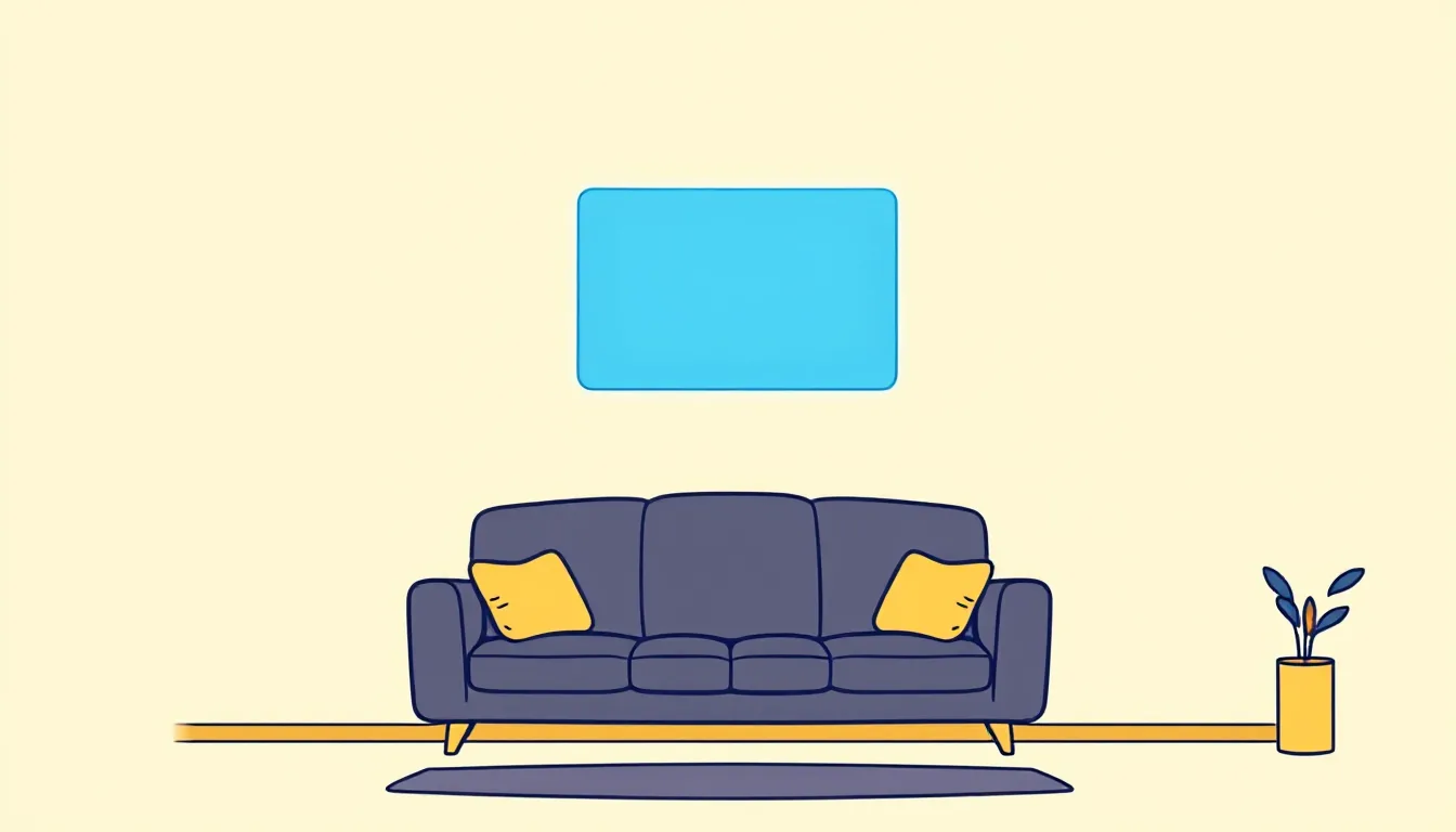 A floating blue hologram window above an empty living room floor