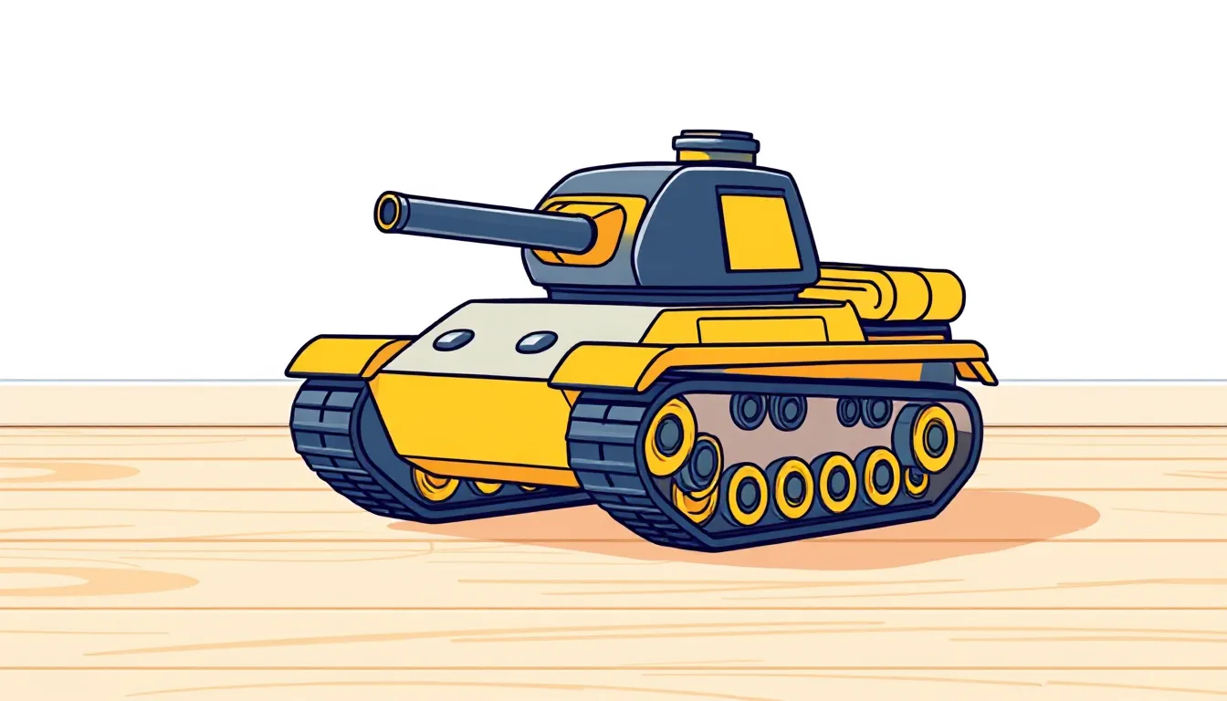 A small toy tank standing on a light wooden floor