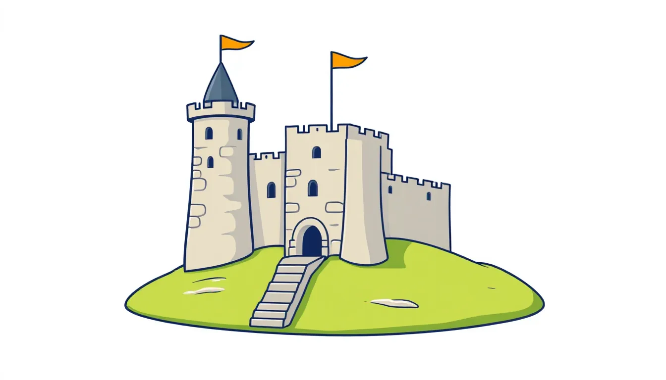 A small stone castle with two watchtowers on a green hill