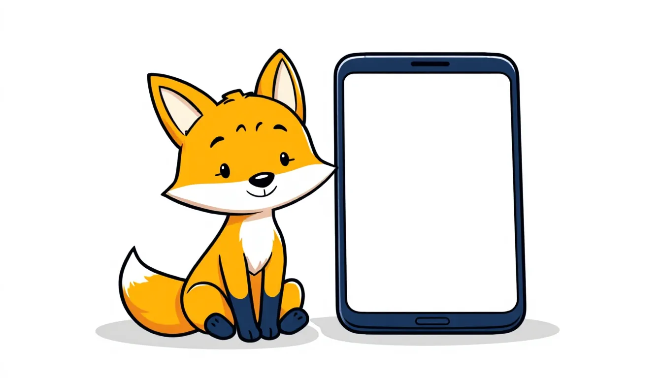 A friendly cartoon fox sitting next to a large smartphone with a blank, glowing screen