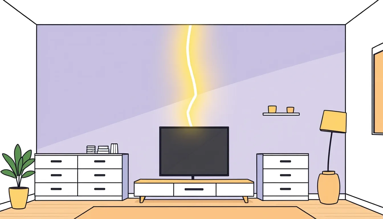 A cartoon living room wall with a glowing crack down the middle