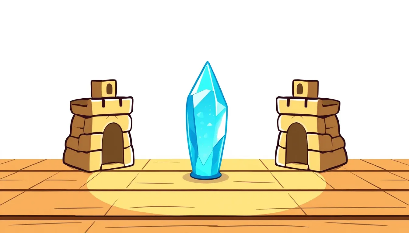 A glowing blue crystal stands between two small stone towers on a wooden floor